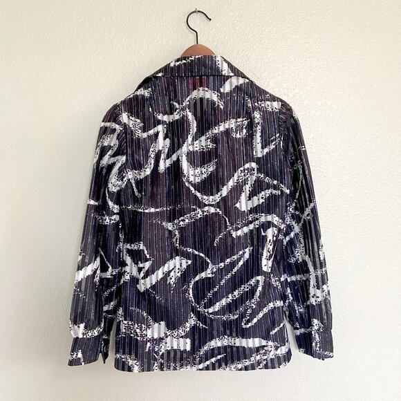 VTG 70s Disco Black/White/Metallic Butterfly Collar Long Sleeve Blouse Mr. Mench - Picture 5 of 11